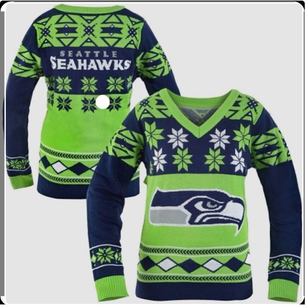 Seattle Seahawks NFL Women's Big Logo V-Neck Ugly Christmas Sweater Medium
